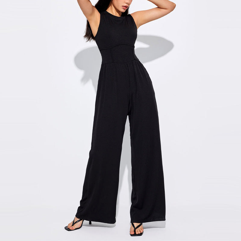Owronline - Women’s Solid Sleeveless Wide Leg Jumpsuit
