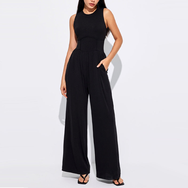 Owronline - Women’s Solid Sleeveless Wide Leg Jumpsuit