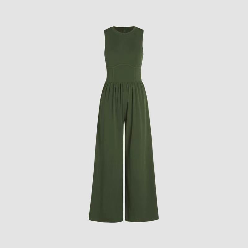 Owronline - Women’s Solid Sleeveless Wide Leg Jumpsuit